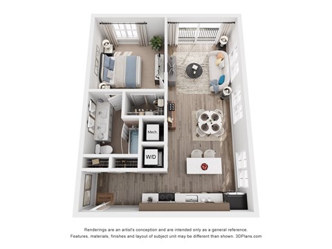 Floor plan for 1 bed, 1 bath, 736 sqft